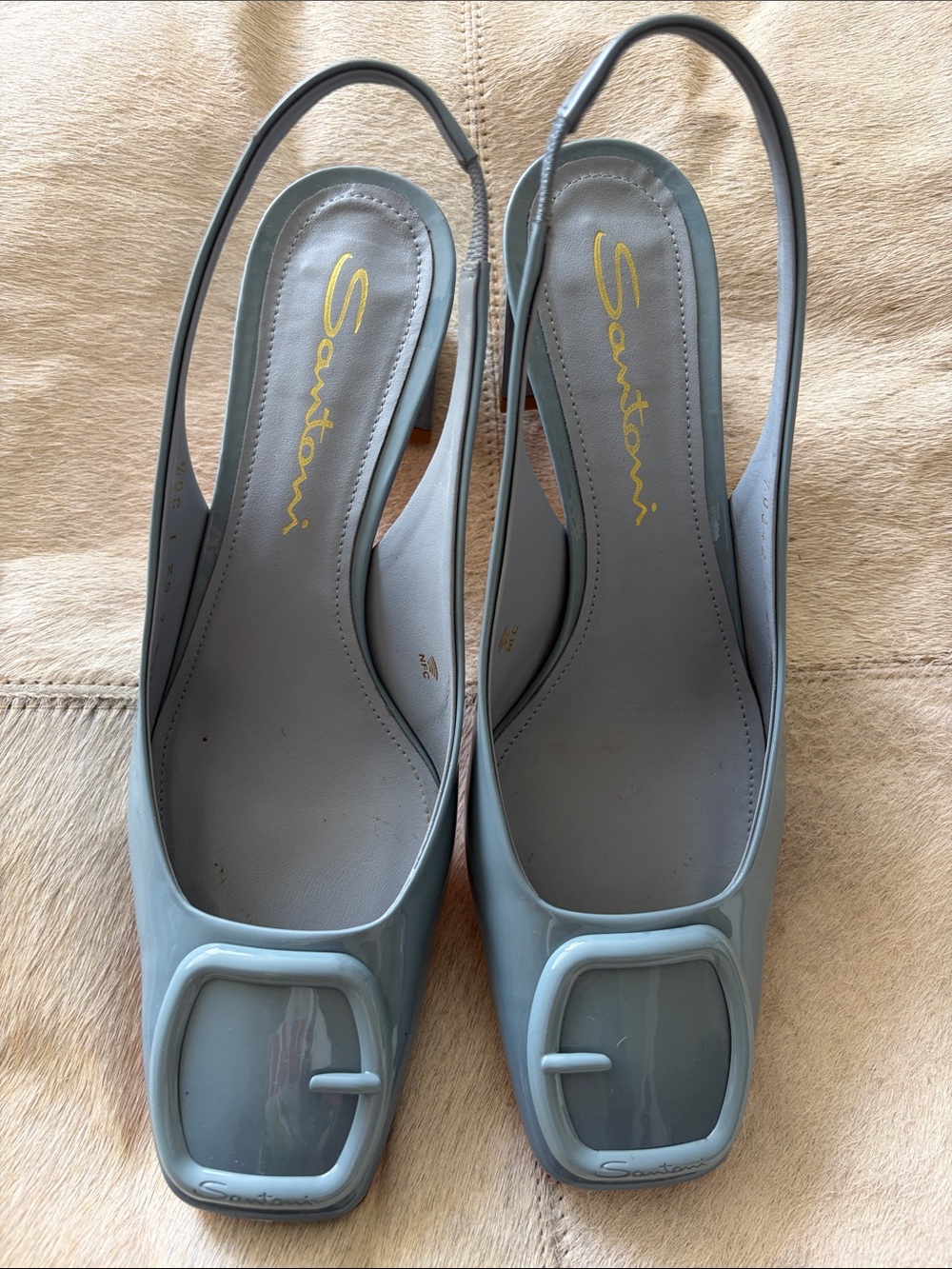 Santoni Gray Slingback Patent Pumps with Buckle Accent